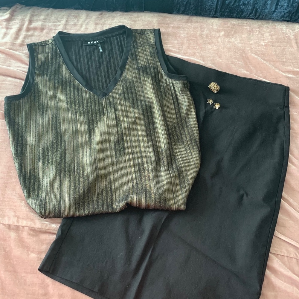 DKNY blouse with black pencil skirt and jewelry
